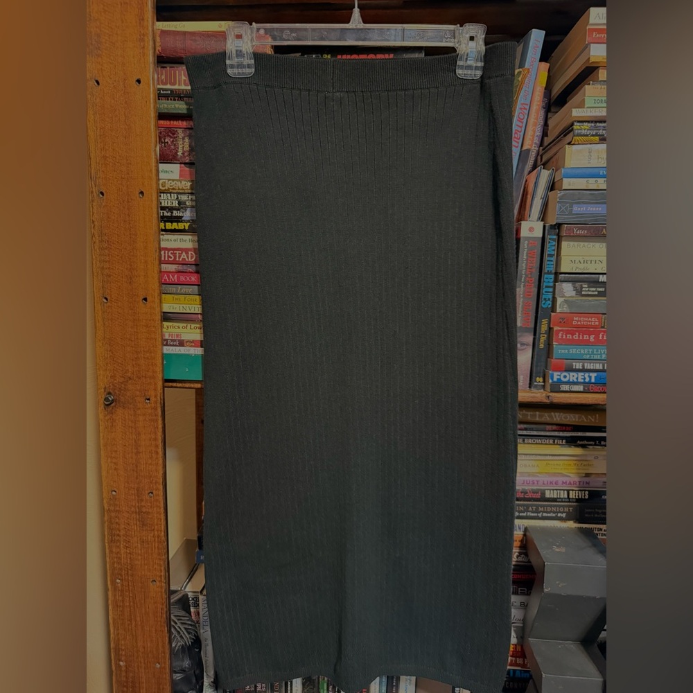 Free People Black Ribbed Midi Pencil Skirt with Front Slit - Picture 2 of 3